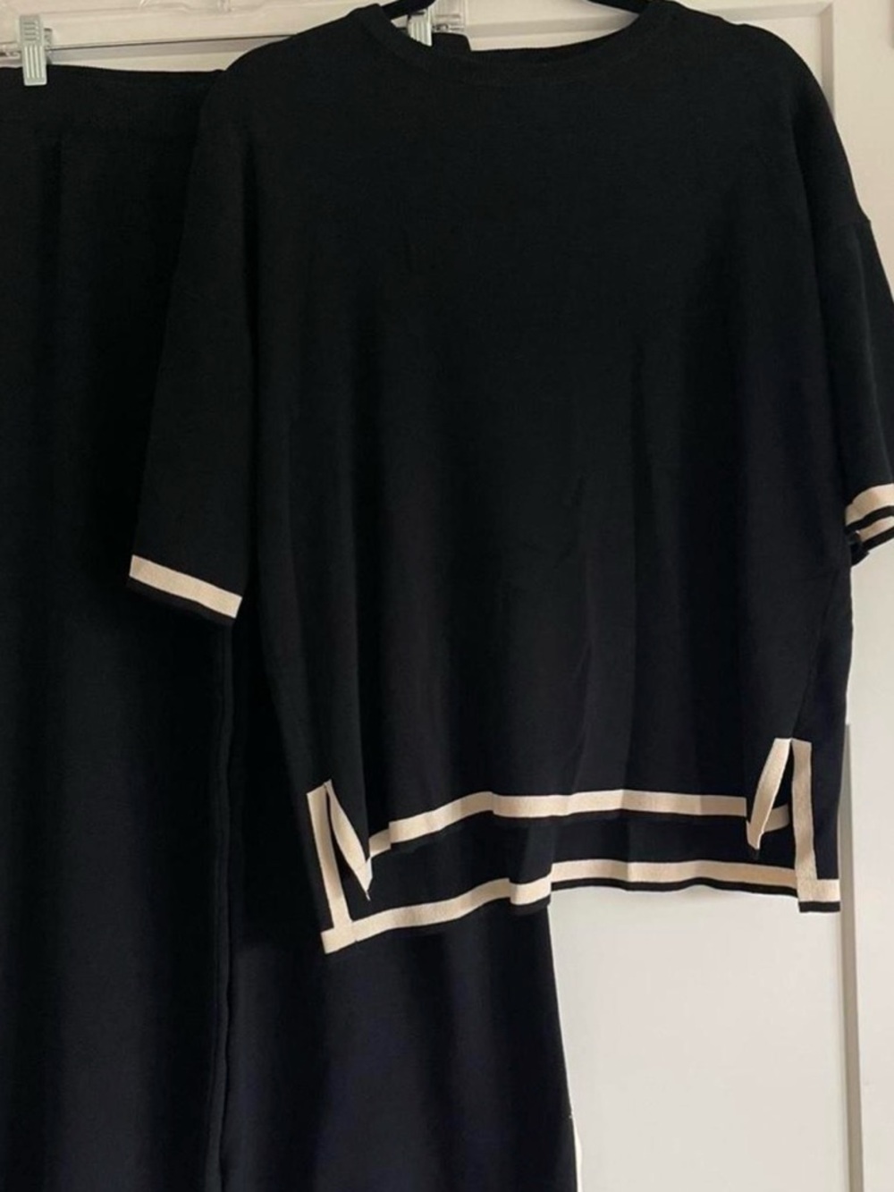 Black Knit Top with Ivory Stripe Trim